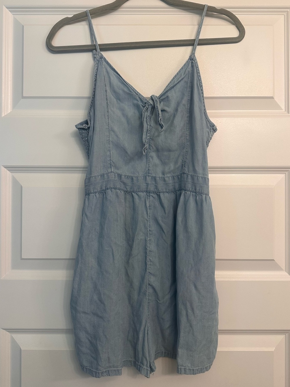 aerie Light Blue Denim-Style Romper with Front Tie